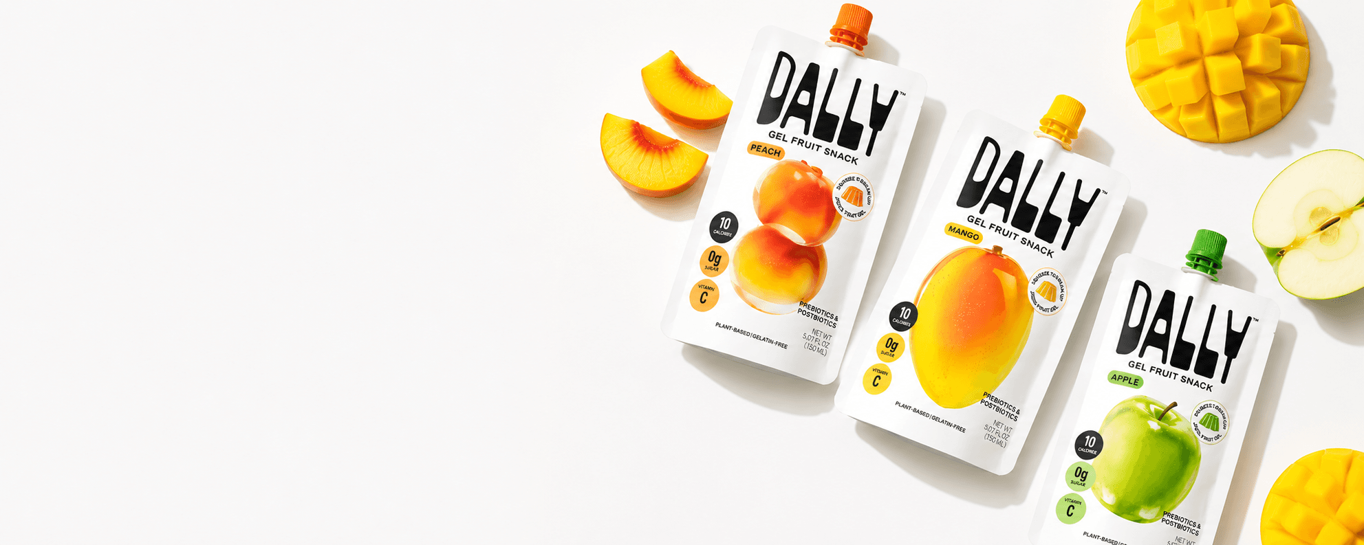 DALLY gel fruit snack pouches in peach, mango, and apple